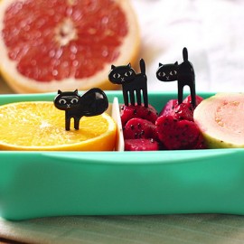 2018 New 6Pcs Mini Animal Fork Fruit Picks Cute Cartoon Cat Children Fork Bento Lunch Box Decor Accessories Black Color