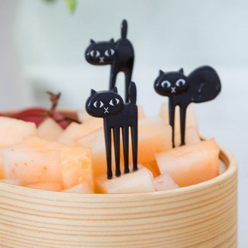 2018 New 6Pcs Mini Animal Fork Fruit Picks Cute Cartoon Cat Children Fork Bento Lunch Box Decor Accessories Black Color