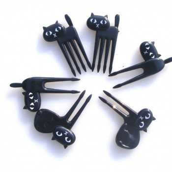 2018 New 6Pcs Mini Animal Fork Fruit Picks Cute Cartoon Cat Children Fork Bento Lunch Box Decor Accessories Black Color