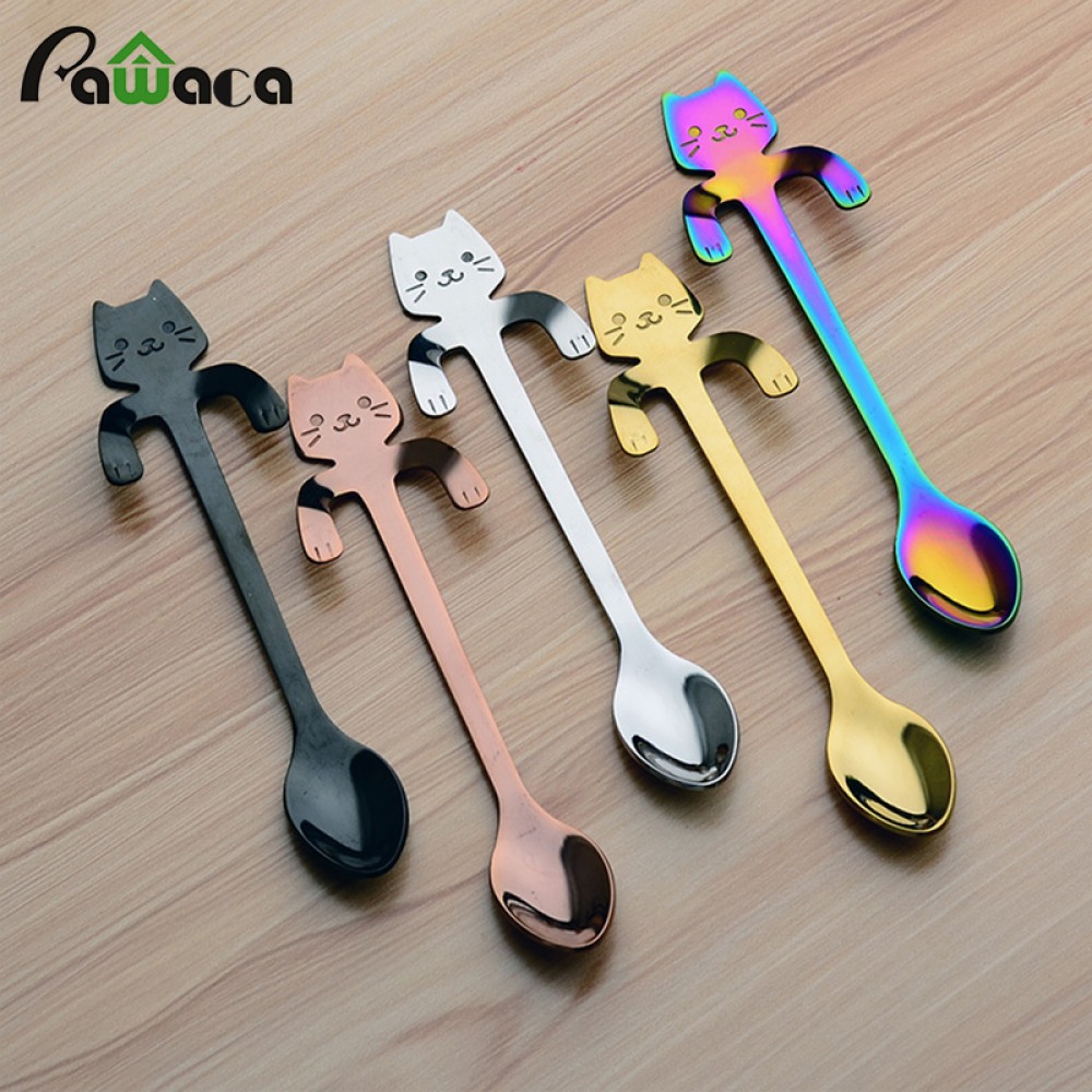4pcs Stainless Steel Mini Cat Kitten Spoons for Coffee Tea Dessert Drink Mixing Milkshake Spoon Tableware Set Kitchen Supplies