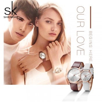 Shengke Women Dress Watches Luxury Lovers Couple Watches Men Date Waterproof Women Leather strap Quartz Wristwatch Montre Homme