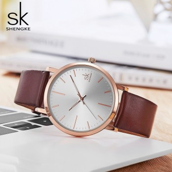 Shengke Women Dress Watches Luxury Lovers Couple Watches Men Date Waterproof Women Leather strap Quartz Wristwatch Montre Homme