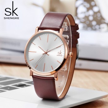 Shengke Women Dress Watches Luxury Lovers Couple Watches Men Date Waterproof Women Leather strap Quartz Wristwatch Montre Homme