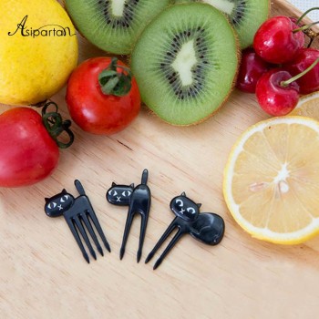 Asipartan 6pcs/set Black Cat Fruit Forks Snack Dessert Forks Food Picks Bento Accessories Kitchen Utensils