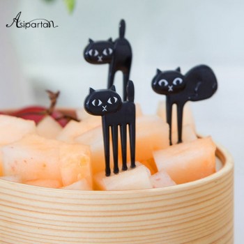 Asipartan 6pcs/set Black Cat Fruit Forks Snack Dessert Forks Food Picks Bento Accessories Kitchen Utensils