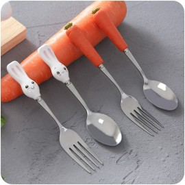 Cartoon Stainless Steel Spoon Fork Cutlery Set Cute Children Tableware Fork Cartoon Rabbit Carrot Cutlery Sets