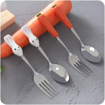 Cartoon Stainless Steel Spoon Fork Cutlery Set Cute Children Tableware Fork Cartoon Rabbit Carrot Cutlery Sets