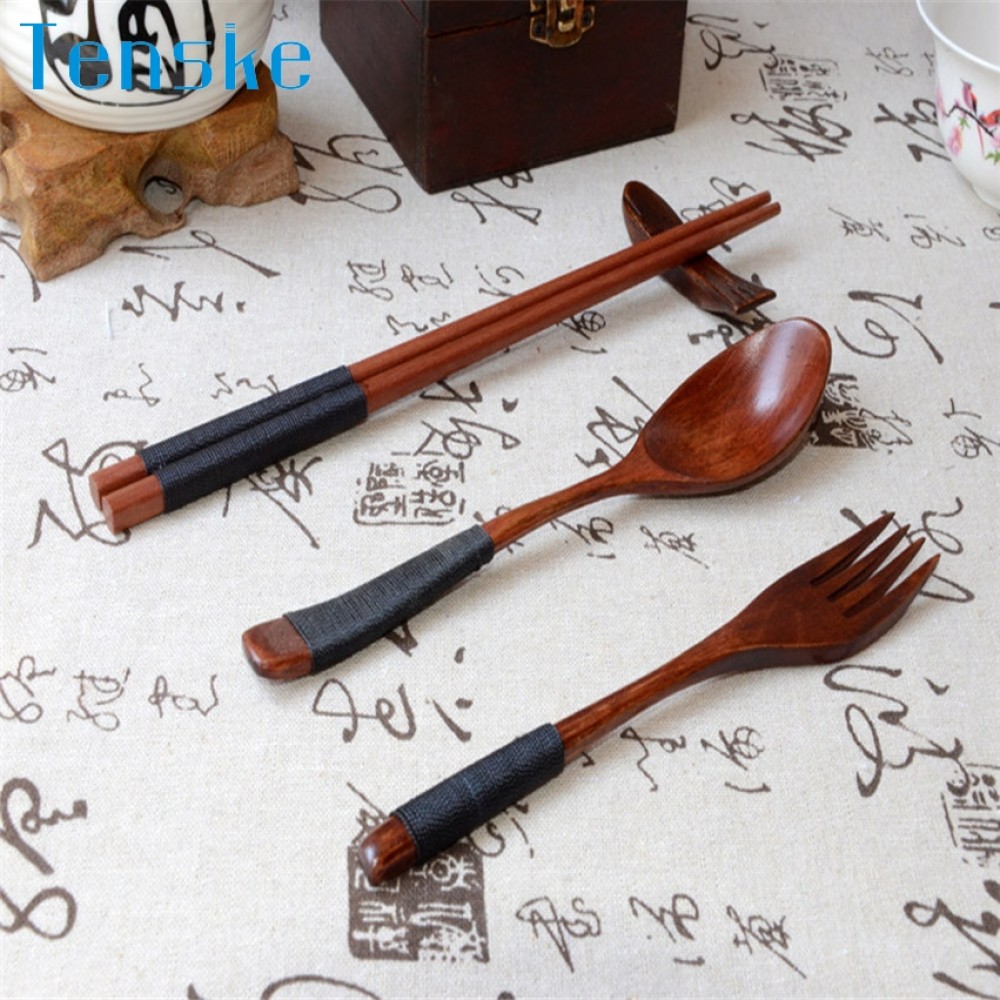 Zero Japanese Vintage Wooden Chopsticks Spoon Fork Tableware 3pcs Set New Gift 170427
