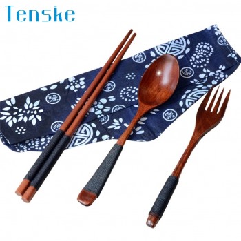 Zero Japanese Vintage Wooden Chopsticks Spoon Fork Tableware 3pcs Set New Gift 170427