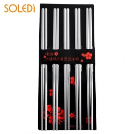 5 Pairs Stainless Steel Traditional Chinese Sliver Chopsticks Reusable Non-Slip Hashi Sushi Sticks Tableware Sets