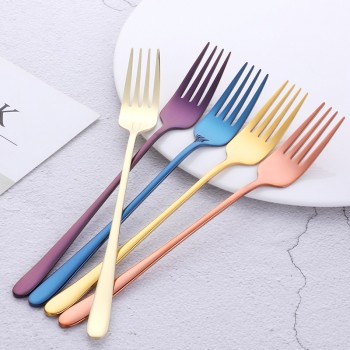 7PCS 18/8 Stainless Steel Dinner Fork Set Korea Colourful Dessert Fork With Long Handle Gold Blue Fork Set for Hotel Party