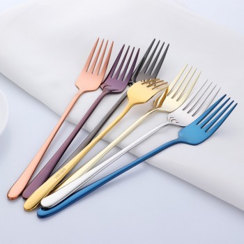 7PCS 18/8 Stainless Steel Dinner Fork Set Korea Colourful Dessert Fork With Long Handle Gold Blue Fork Set for Hotel Party