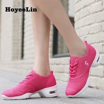 HoYeeLin Modern Jazz Dance Sneakers Women Breathable Mesh Lace Up Dancing Practice Shoes Cushioning Lightweight Fitness Trainers