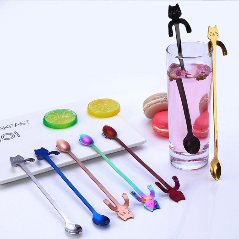 Creative Cat long handle stainless steel tea coffee spoons Handle Spoons Flatware Coffee Drinking Tools Kitchen Gadget 2O0110
