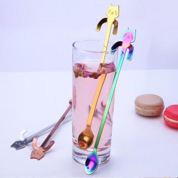 Creative Cat long handle stainless steel tea coffee spoons Handle Spoons Flatware Coffee Drinking Tools Kitchen Gadget 2O0110