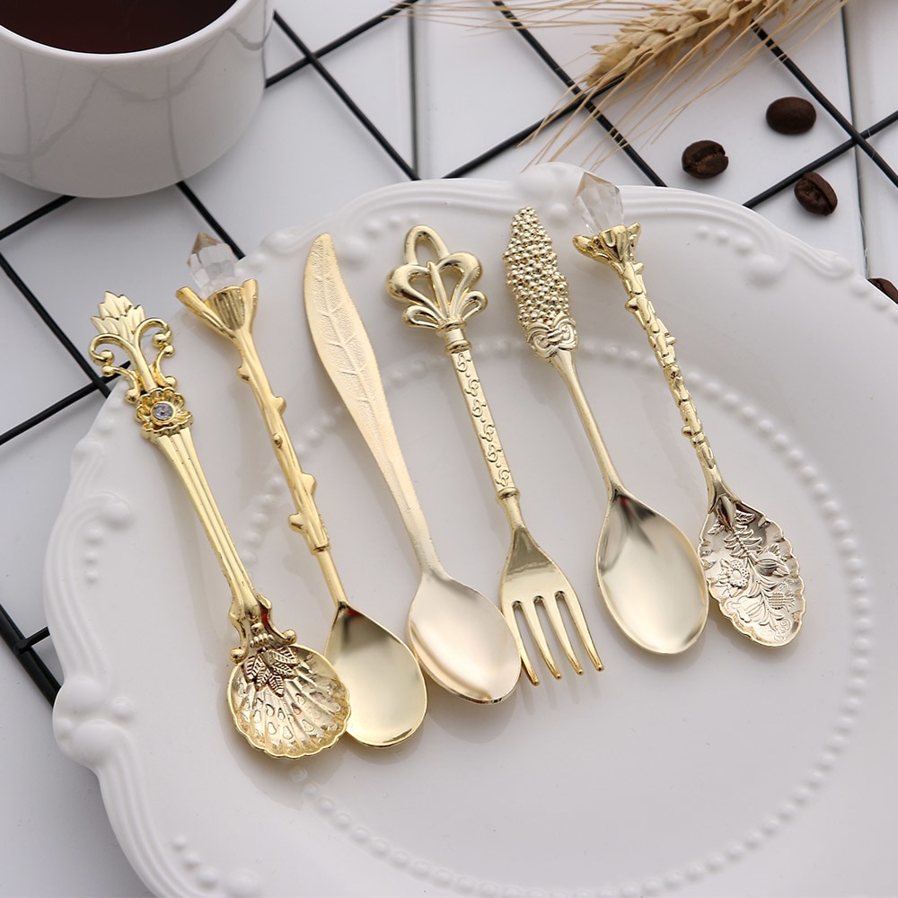 6PCS Vintage Mini 11.5mm Spoons Fork Royal Style Metal Carved Coffee Fruit Cutler Dessert Flatware Kitchen Tools
