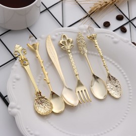 6PCS Vintage Mini 11.5mm Spoons Fork Royal Style Metal Carved Coffee Fruit Cutler Dessert Flatware Kitchen Tools