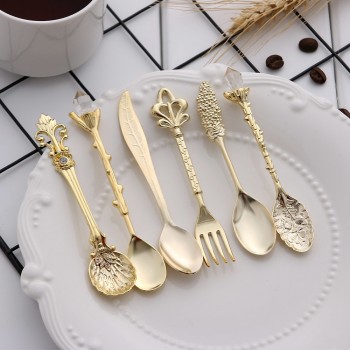 6PCS Vintage Mini 11.5mm Spoons Fork Royal Style Metal Carved Coffee Fruit Cutler Dessert Flatware Kitchen Tools