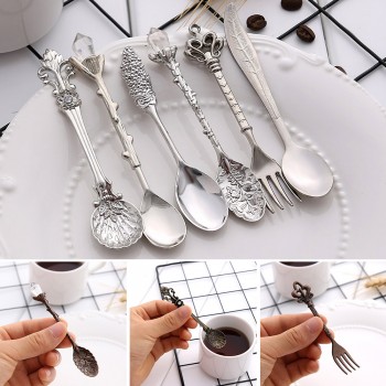 6PCS Vintage Mini 11.5mm Spoons Fork Royal Style Metal Carved Coffee Fruit Cutler Dessert Flatware Kitchen Tools