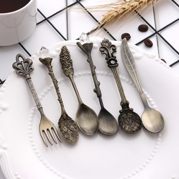 6PCS Vintage Mini 11.5mm Spoons Fork Royal Style Metal Carved Coffee Fruit Cutler Dessert Flatware Kitchen Tools