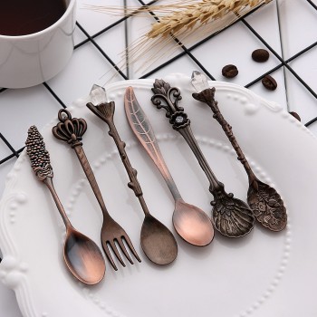 6PCS Vintage Mini 11.5mm Spoons Fork Royal Style Metal Carved Coffee Fruit Cutler Dessert Flatware Kitchen Tools