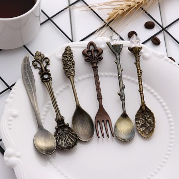 6PCS Vintage Mini 11.5mm Spoons Fork Royal Style Metal Carved Coffee Fruit Cutler Dessert Flatware Kitchen Tools