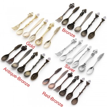 6PCS Vintage Mini 11.5mm Spoons Fork Royal Style Metal Carved Coffee Fruit Cutler Dessert Flatware Kitchen Tools