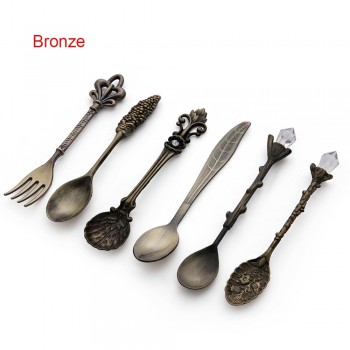 6PCS Vintage Mini 11.5mm Spoons Fork Royal Style Metal Carved Coffee Fruit Cutler Dessert Flatware Kitchen Tools