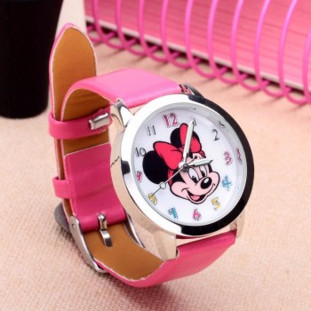 Drop shipping Cartoon Beautiful girl Minnie mouse style Color number dial children students girls leather quartz watch