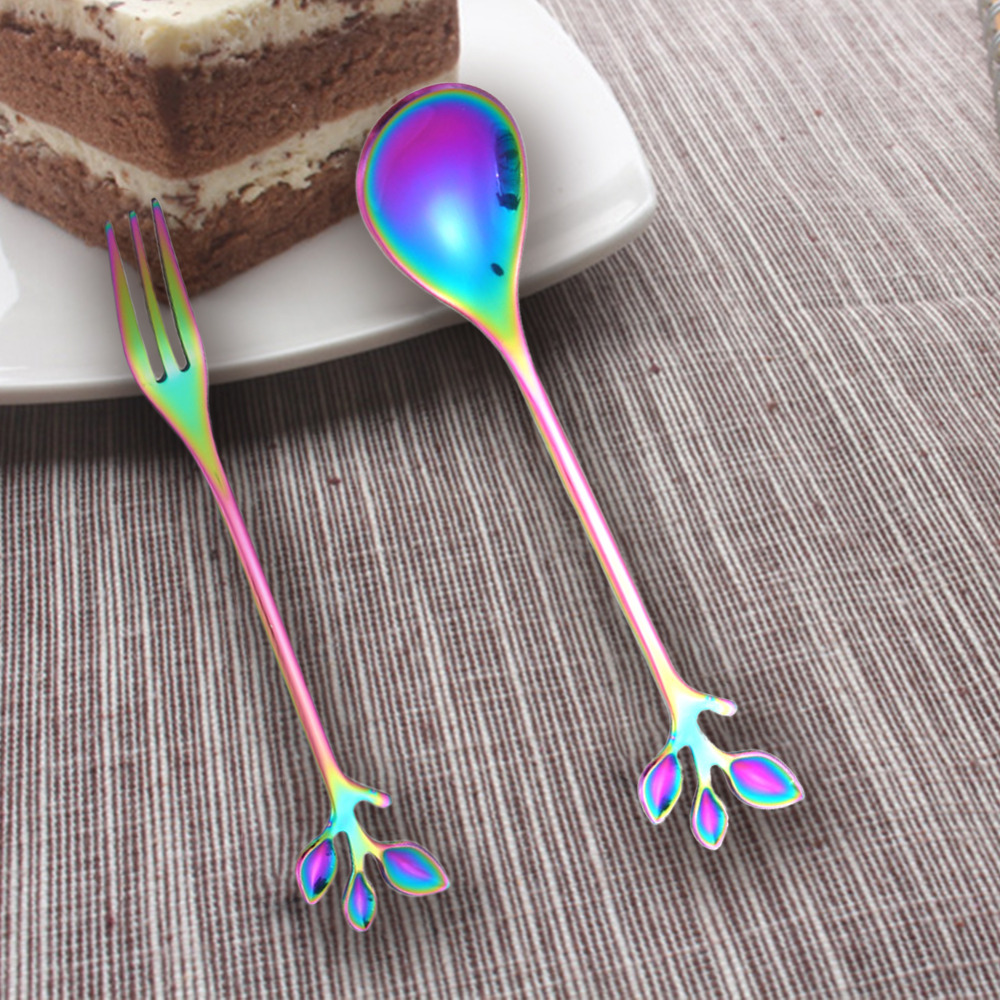 Stainless Steel Spoon Small Fresh Branch Stirring Coffee Spoon Leaf Fruit Fork Gift Titanium Colorful Plated Specialty Tableware