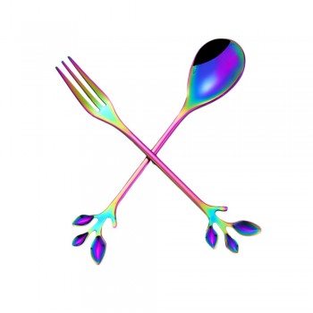 Stainless Steel Spoon Small Fresh Branch Stirring Coffee Spoon Leaf Fruit Fork Gift Titanium Colorful Plated Specialty Tableware