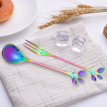 Stainless Steel Spoon Small Fresh Branch Stirring Coffee Spoon Leaf Fruit Fork Gift Titanium Colorful Plated Specialty Tableware