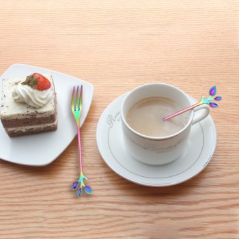 Stainless Steel Spoon Small Fresh Branch Stirring Coffee Spoon Leaf Fruit Fork Gift Titanium Colorful Plated Specialty Tableware