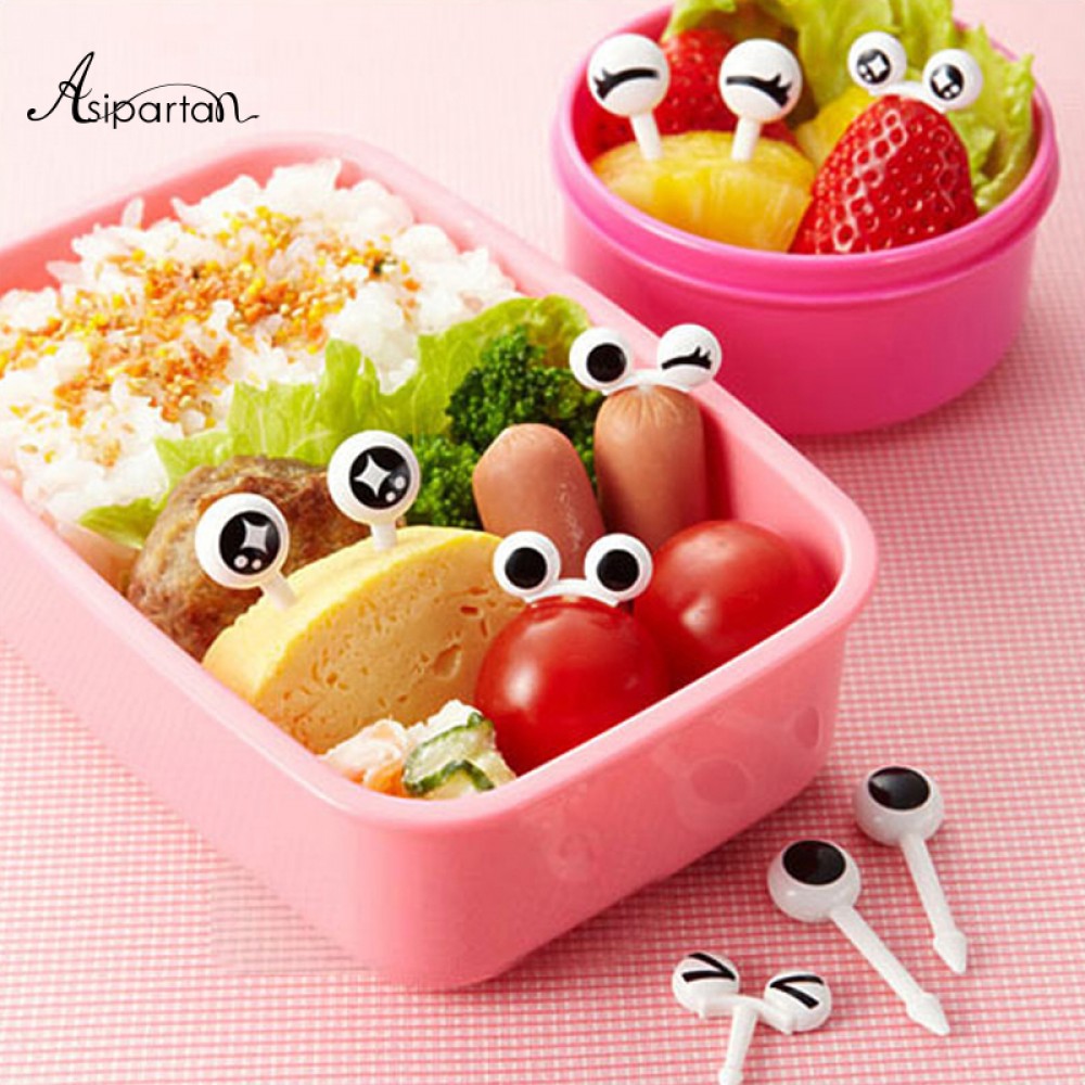 Asipartan 10pcs/set  Mini Eye Cartoon Fruit Fork Plastic Fruit Toothpick Bento Lunch For Children Decorative Tableware