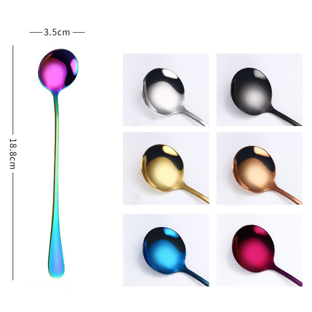 Round head long handle spoon Colorful stainless steel Spoons Flatware Drinking Tools Kitchen Gadget Coffee fruit teaspoon F10