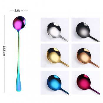 Round head long handle spoon Colorful stainless steel Spoons Flatware Drinking Tools Kitchen Gadget Coffee fruit teaspoon F10