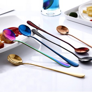 Round head long handle spoon Colorful stainless steel Spoons Flatware Drinking Tools Kitchen Gadget Coffee fruit teaspoon F10