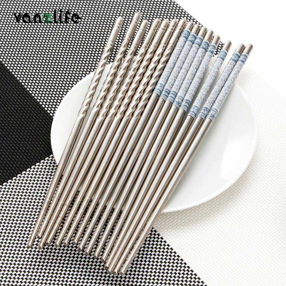 vanzlife home skid against stainless steel chopsticks five pairs blue and white kit food-grade printing thread dinner chopsticks