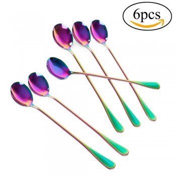 6Pcs/lot Stainless Steel Long-handled Spoon Rainbow Dessert Ice Cream Coffee Spoon Stirring Teaspoons Coffee Spoon Flatware Set