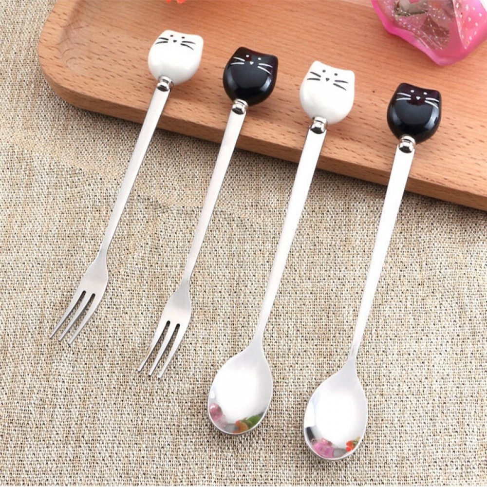 1pc Cartoon Cute Cat Fork Stainless Steel Long Handle Stirring Spoon Fruit Fork Coffee Spoon Ceramic Handle QB976592