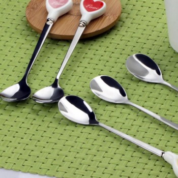 Ice cream dessert Tea Spoon Multicolor Love Hearts Long Ceramic Handle Stainless Steel Coffee Spoon Stirring Soup tableware A440