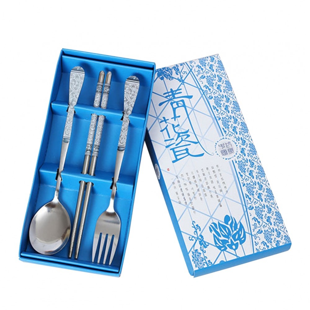 1 set Chinese Chopsticks Spoon Fork Stainless Steel Reusable Kitchen Food Sticks Personalized Patterns For Children gift