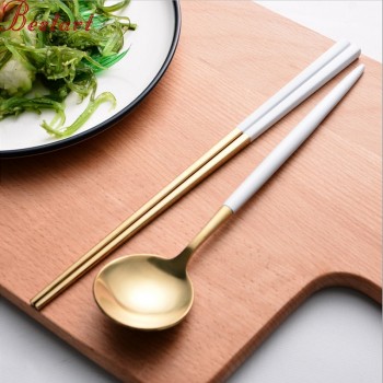 Cupital Style Chopsticks and Spoon Set 18/10 Stainless Steel reusable chopsticks Dessert Spoons Travel Tableware Set for Gift