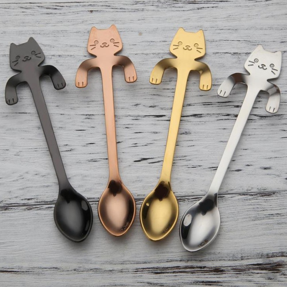 Cute Cat Teaspoons Stainless Steel Cartoon Cat spoons Creative Ice Cream Dessert Long Handle Coffeeamp;Tea Spoon Tableware Colors