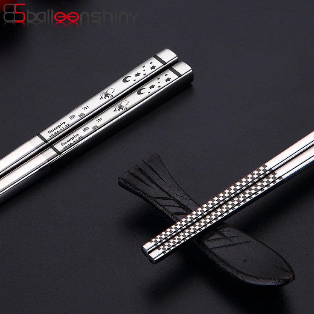 BalleenShiny Stainless Steel 12 Constellation Chopsticks 23.5cm Anti-slip Mirror Polished Chopsticks Delicate Kitchen Tableware