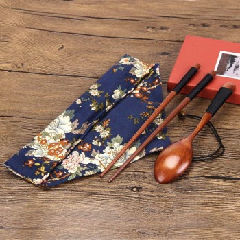 Chinese Portable Wooden Chopsticks Spoon Tableware Set Vintage + Blue Bag  1Pair Chopsticks + 1 Pcs Spoon + Bag Package Jan22