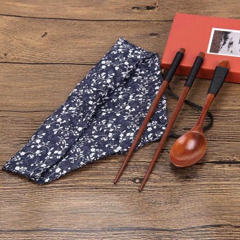 Chinese Portable Wooden Chopsticks Spoon Tableware Set Vintage + Blue Bag  1Pair Chopsticks + 1 Pcs Spoon + Bag Package Jan22