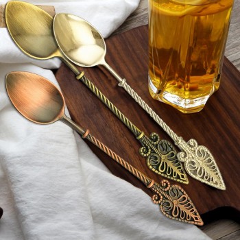 Retro Luxury Alloy Coffee Ice Cream / Jam Spoon Small Mini Carved Gold Silver and Copper Dessert Spoon Tea Spoon