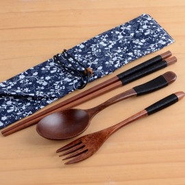 3pcs/Set Japanese Vintage Wooden Chopsticks Spoon Fork Tableware New Gift N
