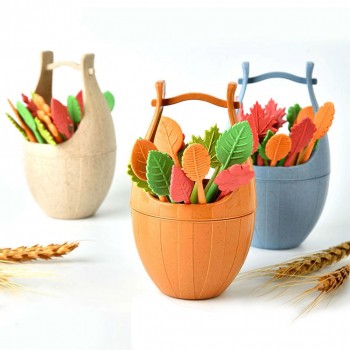 17pcs Eco-friendly Biodegradable Leaves Fruit Forks with Barrel Holder Salad Fruit Picks Cocktail Sticks Kitchen Accessories